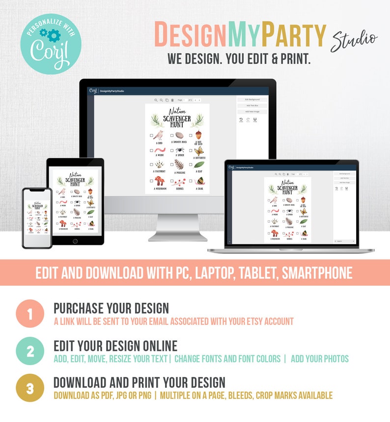 May include: A digital mockup of a printable nature scavenger hunt game. The game features a checklist of items to find in nature, such as a bird, a smooth rock, a worm, a spider, a butterfly, a mushroom, a pine cone, and a leaf. The game is designed to be edited and printed at home. The text on the game says "Nature Scavenger Hunt".