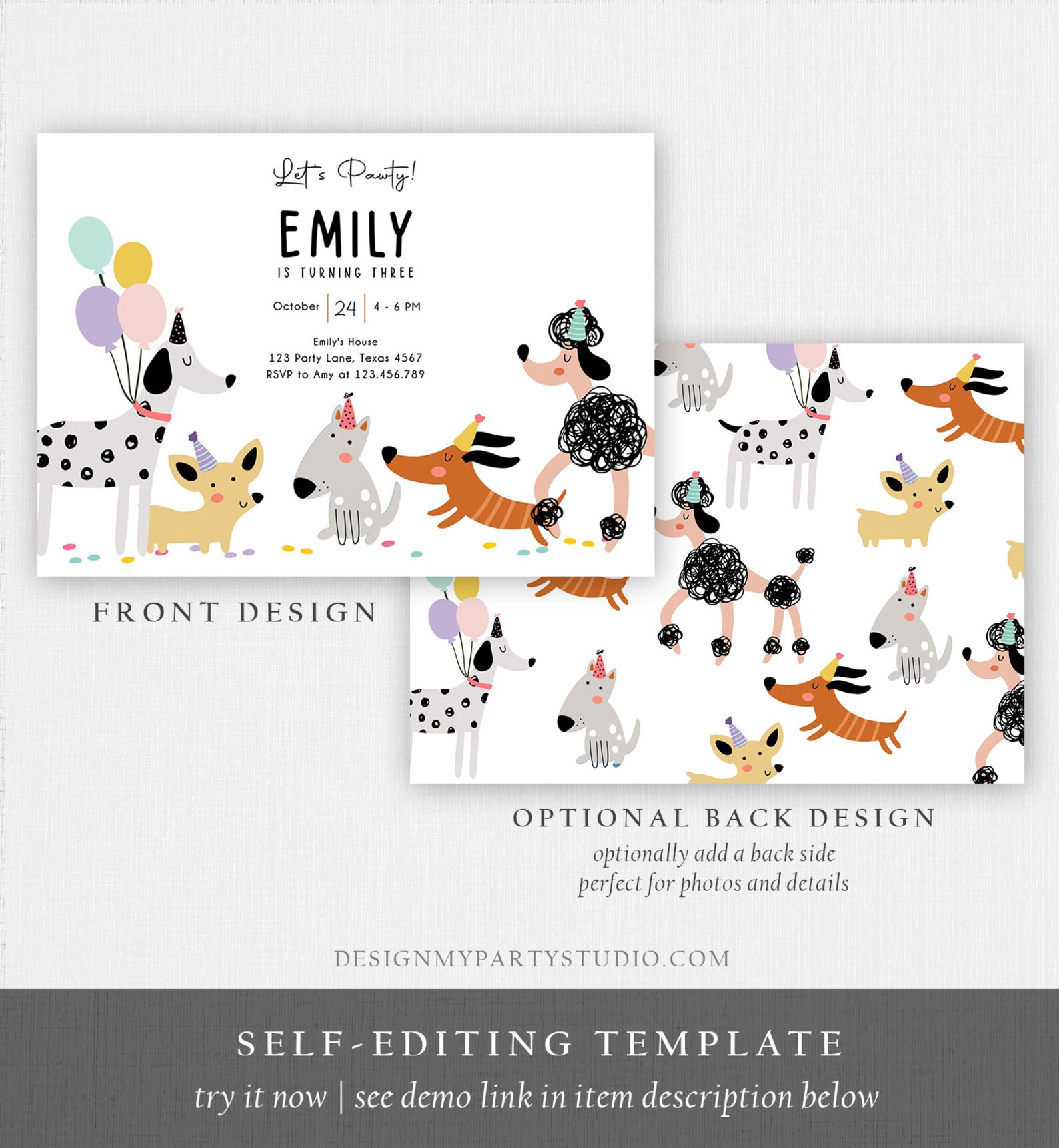 Editable Dog Birthday Party Invitation Puppy Birthday Invite Pink Girl ...