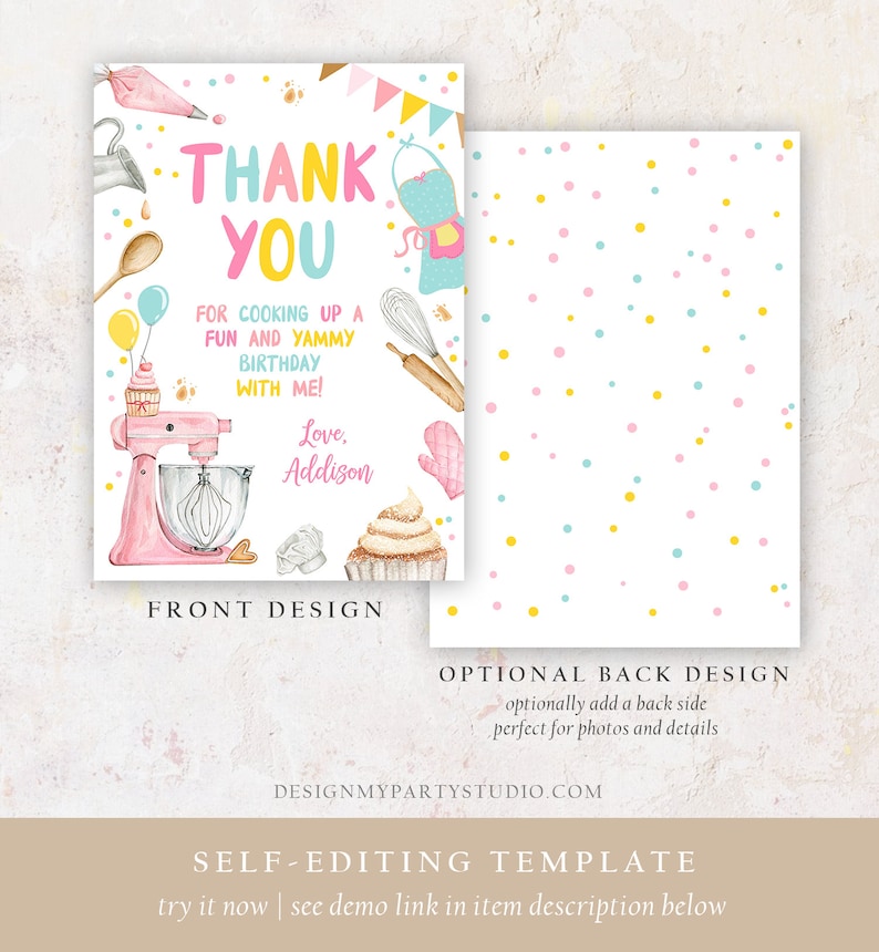 Editable Baking Thank You Card Kids Cooking Birthday Thank You Note ...