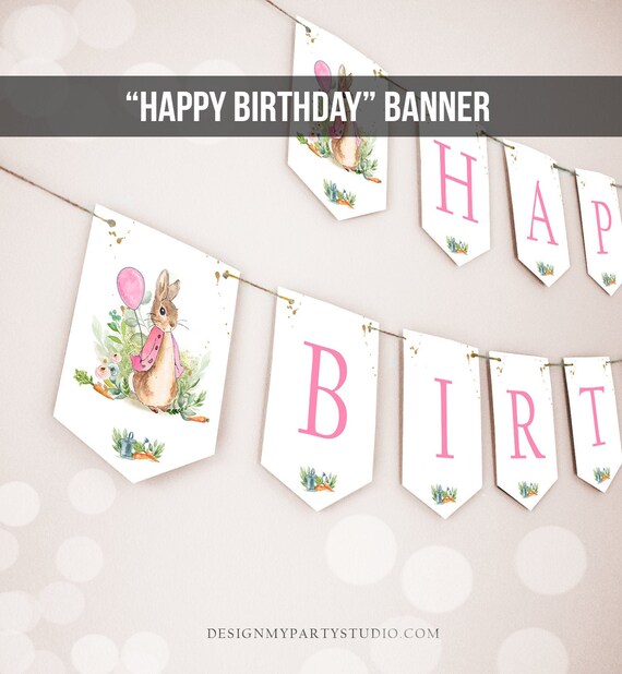 Flopsy Rabbit Happy Birthday Banner Peter Rabbit Banner Birthday Girl Pink Bunny Party Decora Instant download PRINTABLE DIGITAL DIY 0351 Il_570xn