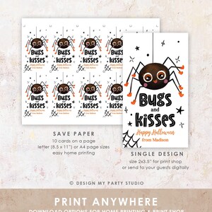 Pu&ograve; includere: Un foglio stampabile di etichette regalo rettangolari di Halloween con un ragno a cartone animato con occhi grandi e piedi arancioni. Il testo recita Bugs and kisses, Happy Halloween e from Madison. Include un design e un layout.