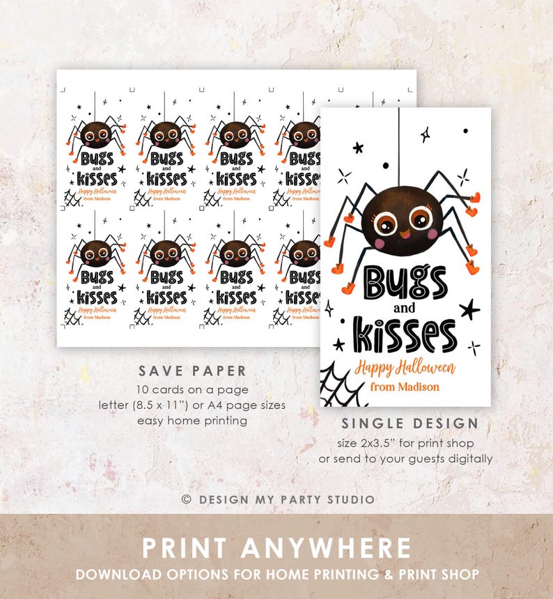 Pu&ograve; includere: Un foglio stampabile di etichette regalo rettangolari di Halloween con un ragno a cartone animato con occhi grandi e piedi arancioni. Il testo recita Bugs and kisses, Happy Halloween e from Madison. Include un design e un layout.
