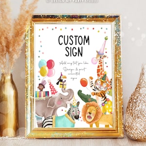 Bewerkbare aangepaste bord feestbeesten ondertekenen Wilde dieren decor dierentuin safari dieren tafel decoratie bord 8 x 10 Instant Download AFDRUKBARE 0482