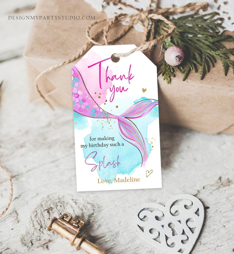 Editable Mermaid Birthday Favor Tags Under The Sea Thank you tags Mermaid Party Girl Pink Purple Gold Download Template Corjl PRINTABLE 0403 image 1