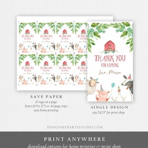 May include: Printable thank you tags featuring a watercolor illustration of farm animals, including a pig, sheep, cow, and goose. The tags are decorated with green leaves and a red barn. The text on the tags reads "Thank You for Coming" and "Love, Mason".
