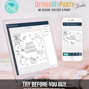 K&ouml;nnte beinhalten: Ein Laptop und ein Smartphone zeigen ein anpassbares Design f&uuml;r eine Halloween-Geburtstagskarte. Das Design umfasst ein Spinnennetz, Geister, K&uuml;rbisse und den Text "HAPPY BIRTHDAY MADELINE". Der Text "TRY BEFORE YOU BUY" ist ebenfalls enthalten.