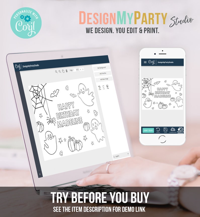 K&ouml;nnte beinhalten: Ein Laptop und ein Smartphone zeigen ein anpassbares Design f&uuml;r eine Halloween-Geburtstagskarte. Das Design umfasst ein Spinnennetz, Geister, K&uuml;rbisse und den Text "HAPPY BIRTHDAY MADELINE". Der Text "TRY BEFORE YOU BUY" ist ebenfalls enthalten.
