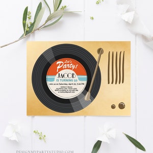 May include: A retro-style birthday party invitation with a black vinyl record and a record player needle. The text on the invitation reads "Let's Party! Jacob is turning 50".