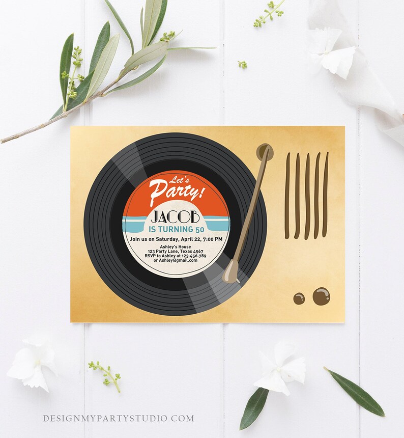 May include: A retro-style birthday party invitation with a black vinyl record and a record player needle. The text on the invitation reads "Let's Party! Jacob is turning 50".