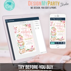 May include: A digital mockup of a customizable invitation for a Mother's Day tea party. The invitation features a pink and gold color scheme with a stack of teacups, flowers, and a cupcake. The text on the invitation reads "Please join us for a Mother's Day Tea-Party".
