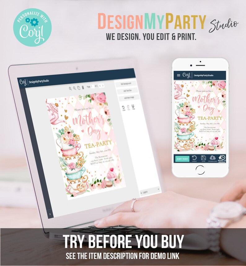 May include: A digital mockup of a customizable invitation for a Mother's Day tea party. The invitation features a pink and gold color scheme with a stack of teacups, flowers, and a cupcake. The text on the invitation reads "Please join us for a Mother's Day Tea-Party".