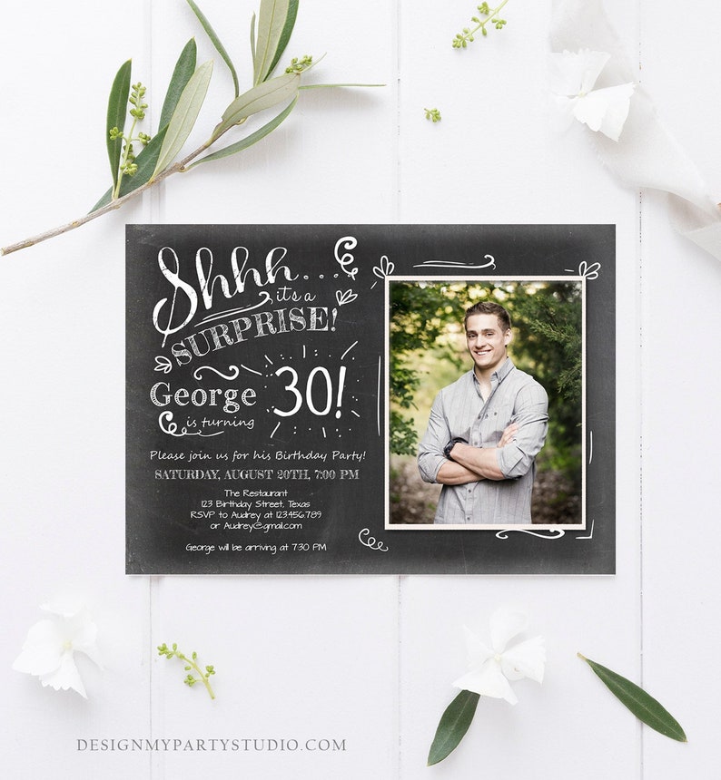 Editable ANY AGE Surprise Birthday Invitation Chalk Rustic Adult 30th Thirty Vintage Party Photo Shhh Download Printable Corjl Template 0102 image 1