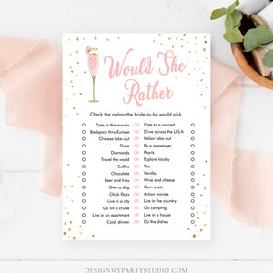 May include: A printable bridal shower game with the text "Would She Rather" in pink and gold. The game features a list of 14 questions with two options each, such as "Date to the movies or Date to a concert".