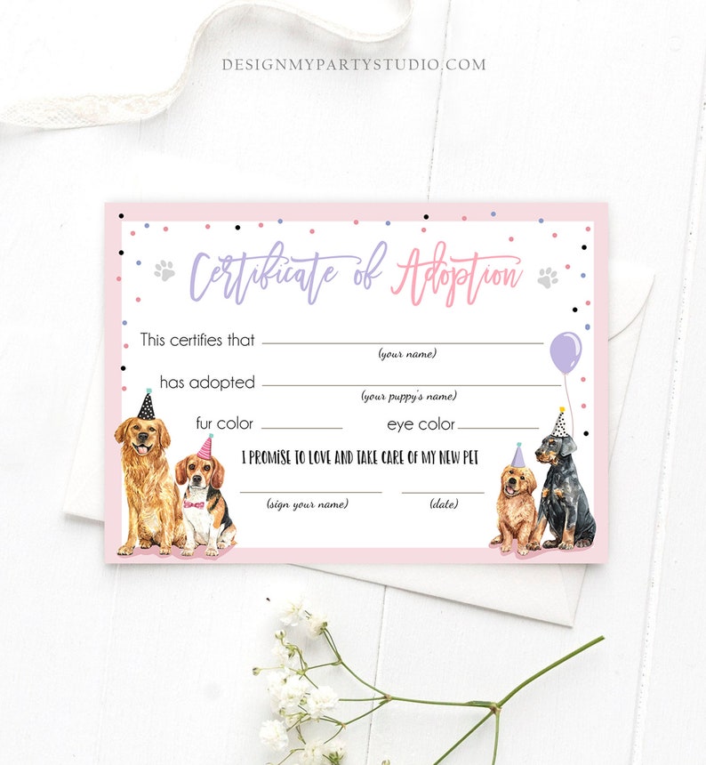 Pet Adoption Certificate Puppy Adoption Dog Birthday Party Adopt A Pet ...