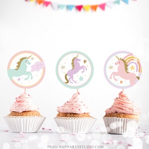 Adornos para cupcakes de unicornio, decoración para fiesta de cumpleaños de unicornio, unicornio mágico pastel, fiesta de niña, arcoíris, descarga instantánea, digital, imprimible, 0426 imagen 2