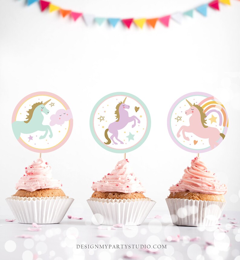 Adornos para cupcakes de unicornio, decoración para fiesta de cumpleaños de unicornio, unicornio mágico pastel, fiesta de niña, arcoíris, descarga instantánea, digital, imprimible, 0426 imagen 2