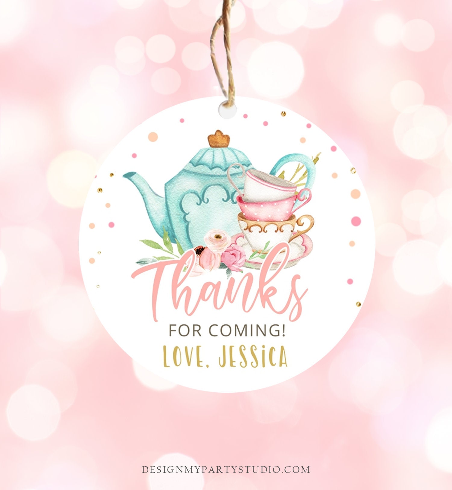 Editable Tea Party Favor Tag Sticker Baby Shower Baby is Brewing Floral Pink Gold Whimsical Girl Square Round Template Corjl