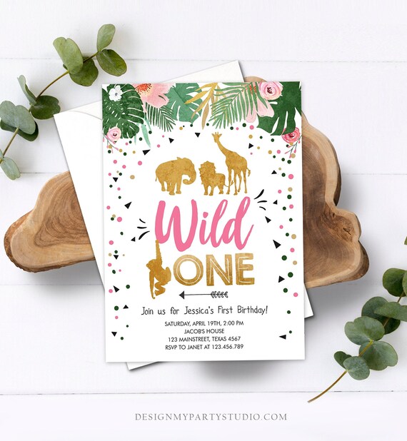 Editable Wild One Birthday Invitation Girl Safari Animals Jungle Zoo Party Animals Pink Gold Instant Download Printable Corjl Template 0016 Il_570xn