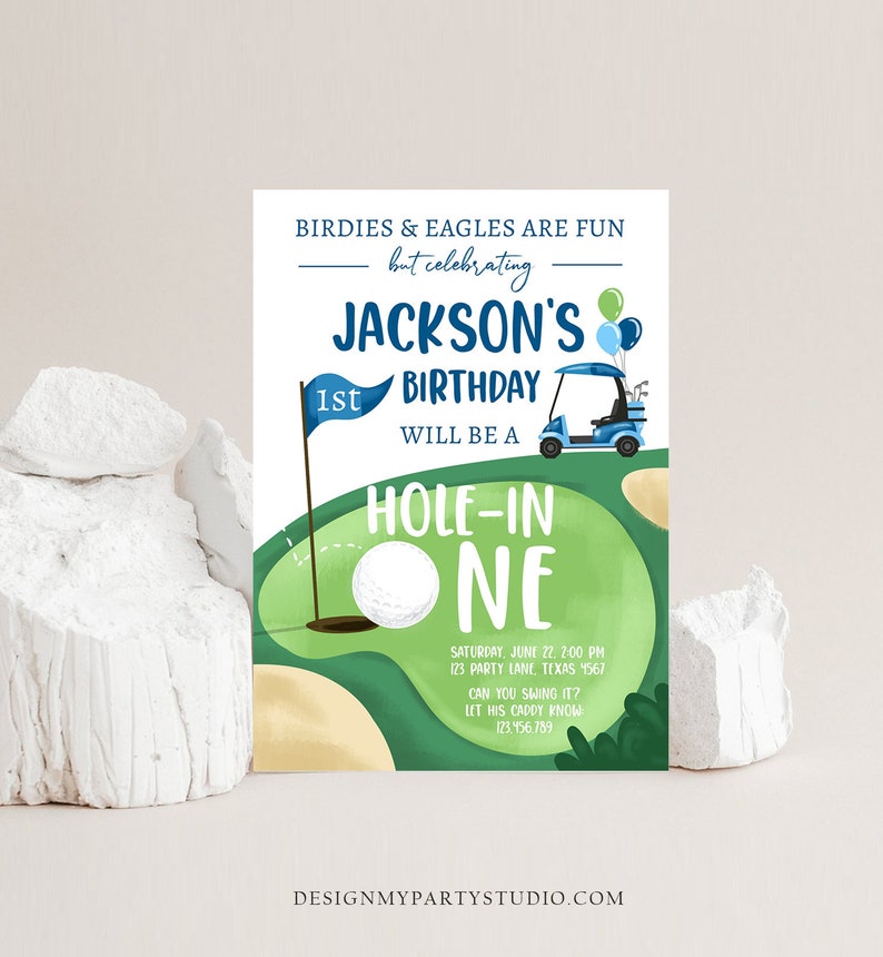 Editable Hole in One Birthday Invitation Golf First Birthday Par-tee Golf Invite Boy Golfing Download Printable Template Digital Corjl 0405 image 1
