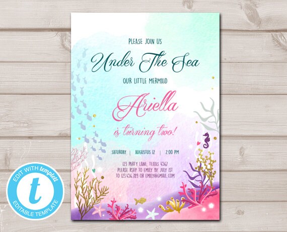Mermaid Birthday Invitation First Birthday Under The Sea Girl Pink Purple Gold Download Printable Invitation Template Editable Templett 0076 Il_570xn