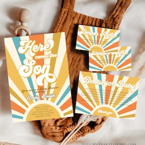 Paquete de invitaciones para baby shower editables "Aquí viene el hijo", paquete de tarjetas para rifa de pañales retro para niño, plantilla Corjl imprimible 0457