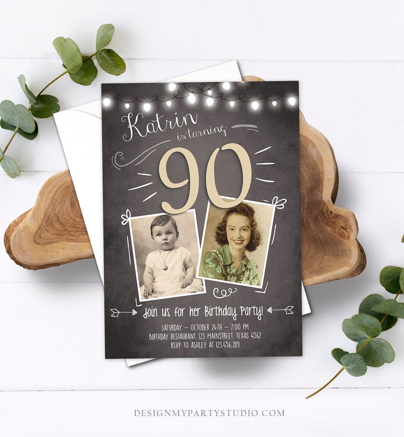 Editable ANY AGE 90th Birthday Invitation Chalkboard Rustic Adult Birthday Ninety Photo Vintage Printable Invitation Corjl Template 0230 image 2