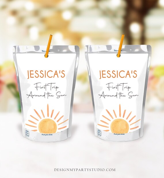 Editable Sunshine Capri Sun Labels Juice Pouch Labels Watercolor Birthday Party First Trip Around the Sun Corjl Template Printable 0431 Il_570xn