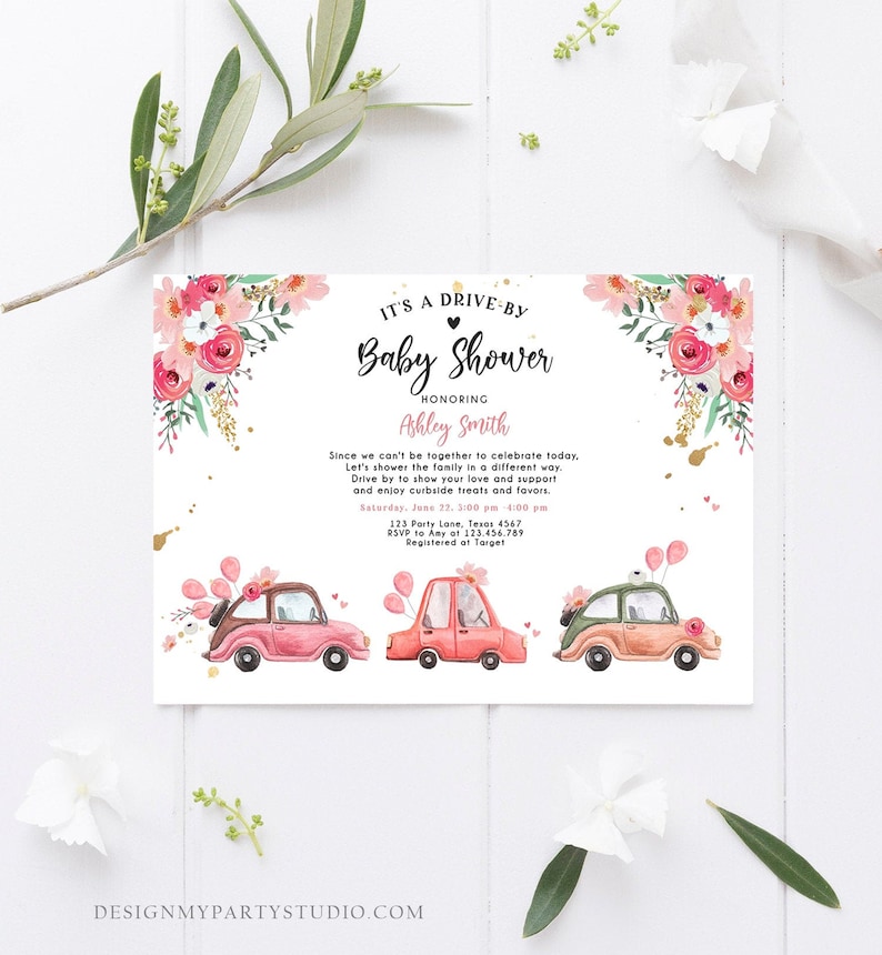 Editable Drive by Baby Shower Invitation Pink Girl Baby Shower Etsy