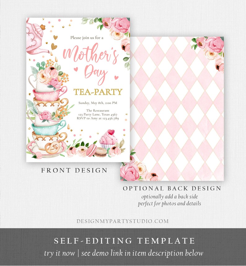 K&ouml;nnte beinhalten: Einladung zur Muttertags-Teeparty mit floralem Design. Das Frontdesign zeigt gestapelte Teetassen, Blumen und den Text "Mother's Day Tea-Party". Das R&uuml;ckdesign hat ein rosa-wei&szlig;es Rautenmuster mit floralen Akzenten.
