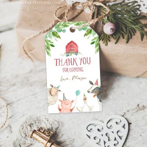 May include: Red and white barn with green foliage, a pig, a sheep, a cow, and a goose wearing party hats. The text reads "Thank You for Coming Love, Mason".