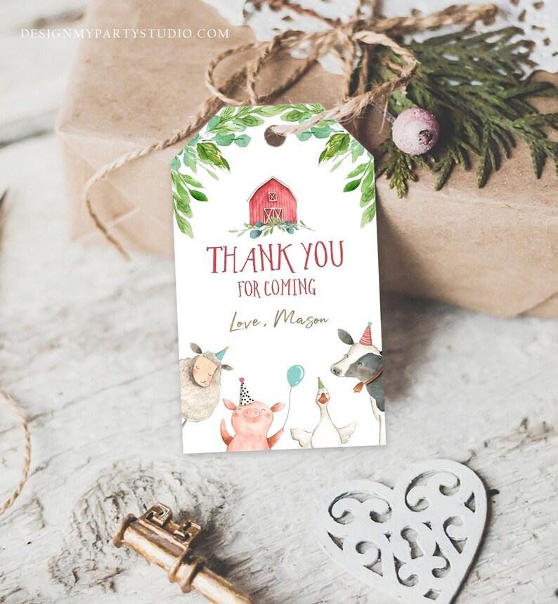 May include: Red and white barn with green foliage, a pig, a sheep, a cow, and a goose wearing party hats. The text reads "Thank You for Coming Love, Mason".