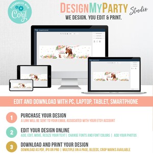 May include: A digital design template for a party banner featuring a cartoon horse with a floral crown and the text "It's My Birthday". The banner is displayed on a computer screen, tablet, and smartphone. The text "DESIGNMYPARTY Studio" is at the top of the image.