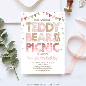 May include: A pink and brown invitation for a Teddy Bear Picnic to celebrate a girl's 6th birthday. The invitation features a teddy bear, gingham, and bunting.
