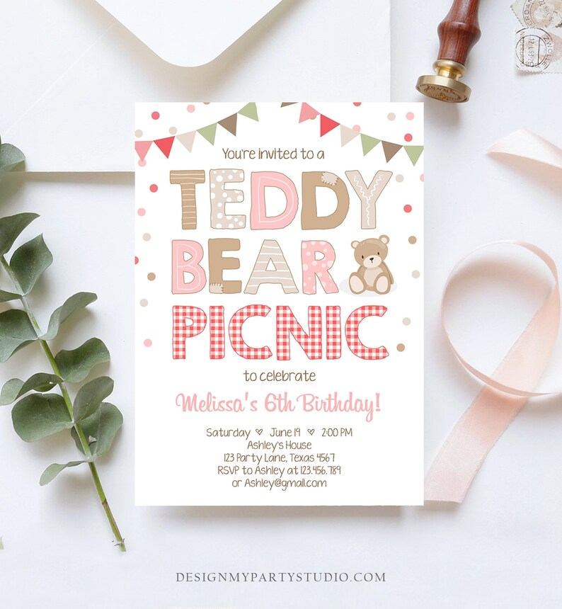 May include: A pink and brown invitation for a Teddy Bear Picnic to celebrate a girl's 6th birthday. The invitation features a teddy bear, gingham, and bunting.