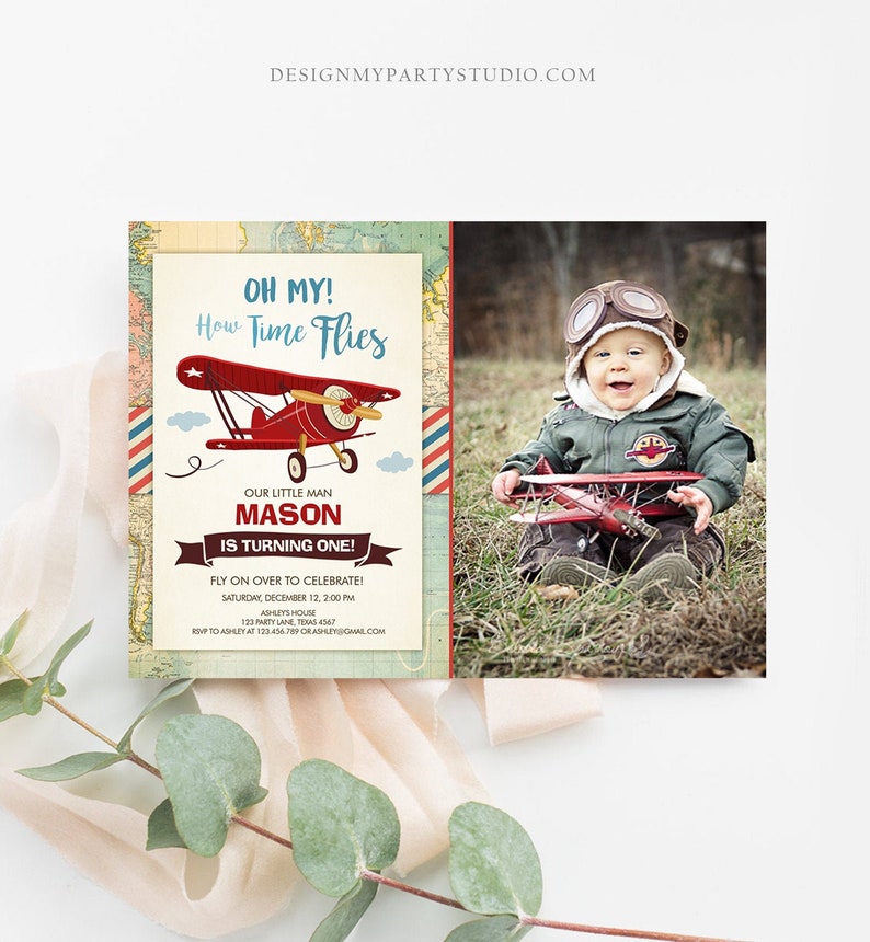 Editable Airplane Birthday Invitation Oh My Time Flies Red Airplane First Birthday Plane Sky Photo Download Printable Corjl Template 0011 image 1