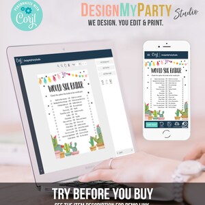 May include: A digital screen displaying a printable "Would She Rather" game with a cactus theme. The game features a list of questions with two options for the bride-to-be to choose from. The screen is on a laptop computer.