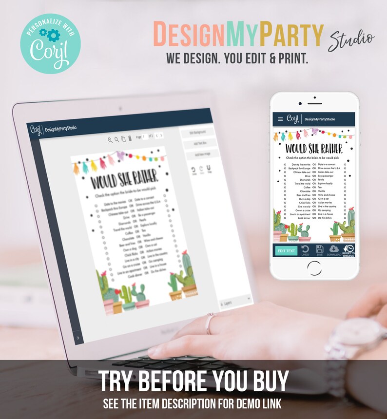 May include: A digital screen displaying a printable "Would She Rather" game with a cactus theme. The game features a list of questions with two options for the bride-to-be to choose from. The screen is on a laptop computer.