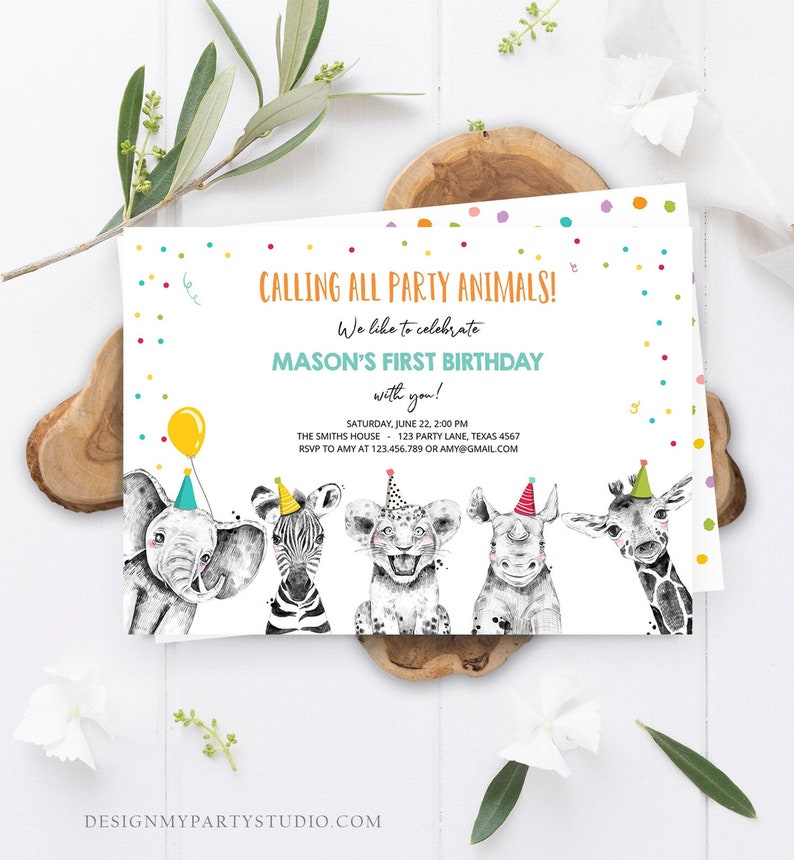 Editable Party Animals Birthday Invitation Wild One Animals Etsy