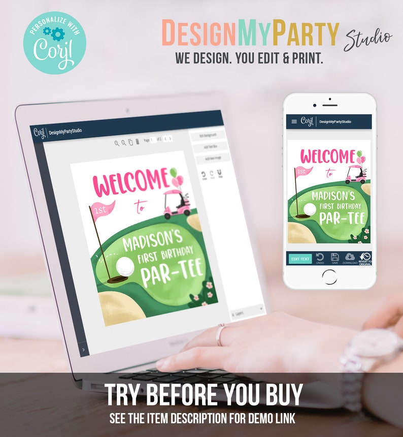 May include: A digital design template for a golf-themed first birthday party invitation. The design features a green golf course with a golf cart, a golf ball, and the text "Welcome to Madison's First Birthday Par-Tee".