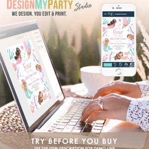 May include: A laptop computer screen displaying a digital invitation for a mermaid-themed birthday party. The invitation features a pink and blue color scheme with illustrations of mermaids and seashells. The text on the invitation reads "Four Shellebration".