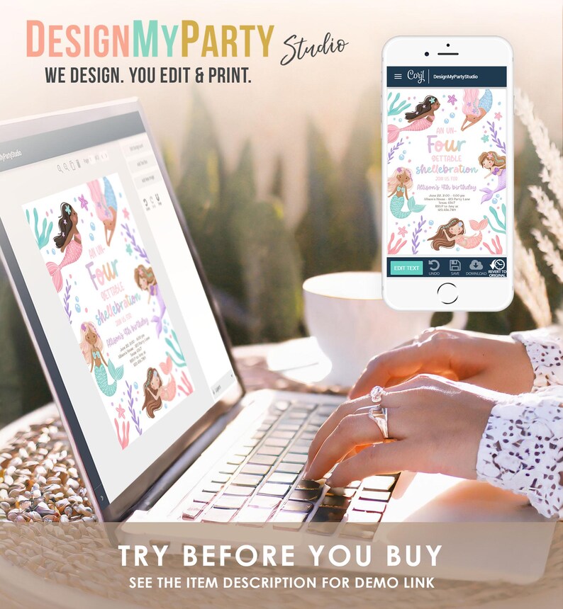 May include: A laptop computer screen displaying a digital invitation for a mermaid-themed birthday party. The invitation features a pink and blue color scheme with illustrations of mermaids and seashells. The text on the invitation reads "Four Shellebration".