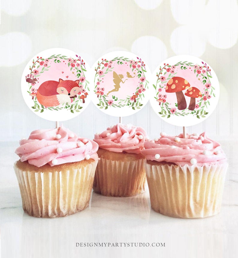 Woodland Fairy Cupcake Toppers Enchanted Forest Birthday Party Decorations Girl Pink Gold Stickers Tags download Digital PRINTABLE 0173 image 1