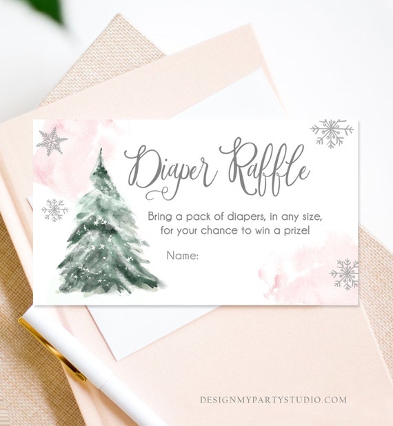 Editable Winter Tree Diaper Raffle Tickets Baby Shower Blush Pink Girl Watercolor Christmas Game Sprinkle Corjl Template Printable 0363 Il_570xn