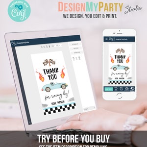 May include: A digital design template for a thank you card with a cartoon race car and checkered flag design. The text on the card reads "Thank You for racing by! Love, Mason".