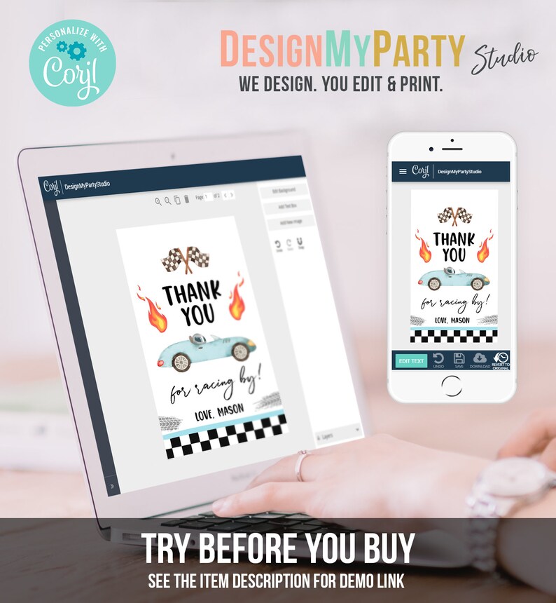 May include: A digital design template for a thank you card with a cartoon race car and checkered flag design. The text on the card reads "Thank You for racing by! Love, Mason".