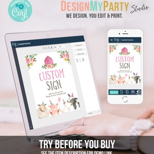 May include: A computer screen displaying a customizable sign template with a pink barn and farm animals. The text "CUSTOM SIGN" is displayed in pink. The text "Add any text you like. Design & print unlimited signs" is displayed below the sign. The text "TRY BEFORE YOU BUY" is displayed below the computer screen.