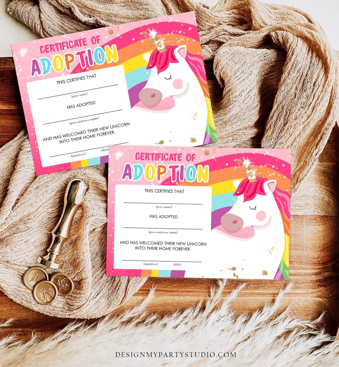 Adopt a Unicorn Certificate Unicorn Adoption Unicorn Birthday Party ...