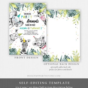 May include: A printable invitation for a child's birthday party. The invitation features a jungle theme with animals like a zebra, giraffe, elephant, and lion. The text on the invitation reads "Calling all Party Animals Swing on Over! Mason is turning 3..."