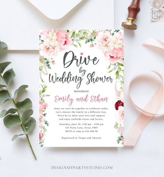Editable Drive By Wedding Shower Invitation Drive Through Social Distancing Peony Floral Botanical Couples Coed Shower Corjl Template 0168 Il_570xn