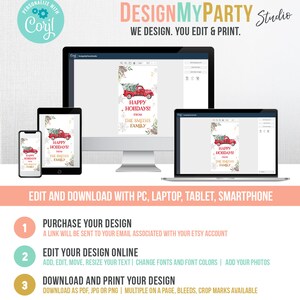 Puede incluir: Plantilla de dise&ntilde;o digital mostrada en varios dispositivos, incluyendo ordenador, tableta y smartphone. El dise&ntilde;o presenta un cami&oacute;n rojo con un &aacute;rbol de Navidad y el texto "Happy Holidays!" y "The Smiths Family." El dise&ntilde;o es para una fiesta.